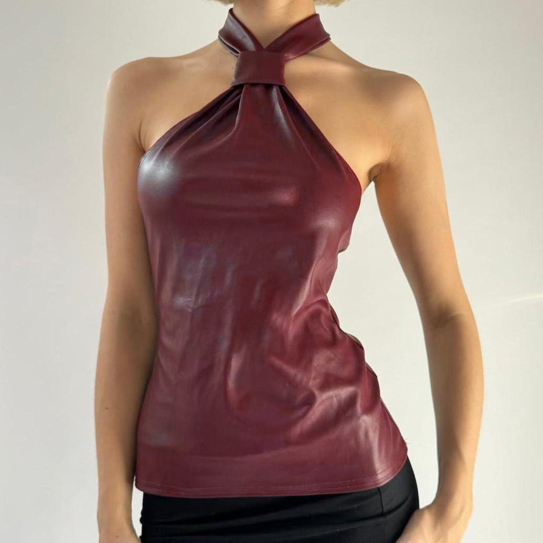 Damen asymmetrisches Kunstleder Oberteil mit schillerndem Nackenring R&B