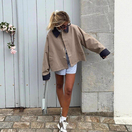 Damen lässige Oversized-Jacke mit kontrastierendem Kragen R&B