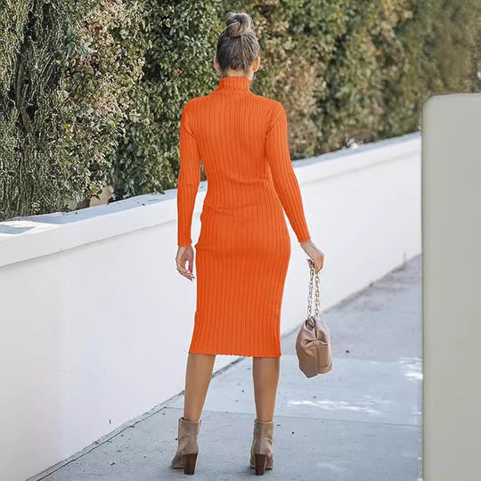 Damen Langarm-Rippstrickkleid mit hochgeschlossenem Kragen und figurbetontem Schnitt R&B