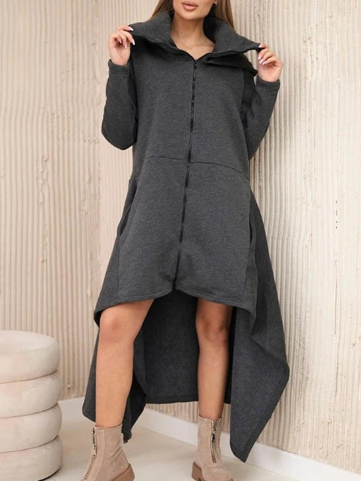 Damen nan asymmetrisches Sweatkleid mit hohem Stehkragen, durchgehendem Reißverschluss und verlängertem Rückensaum R&B