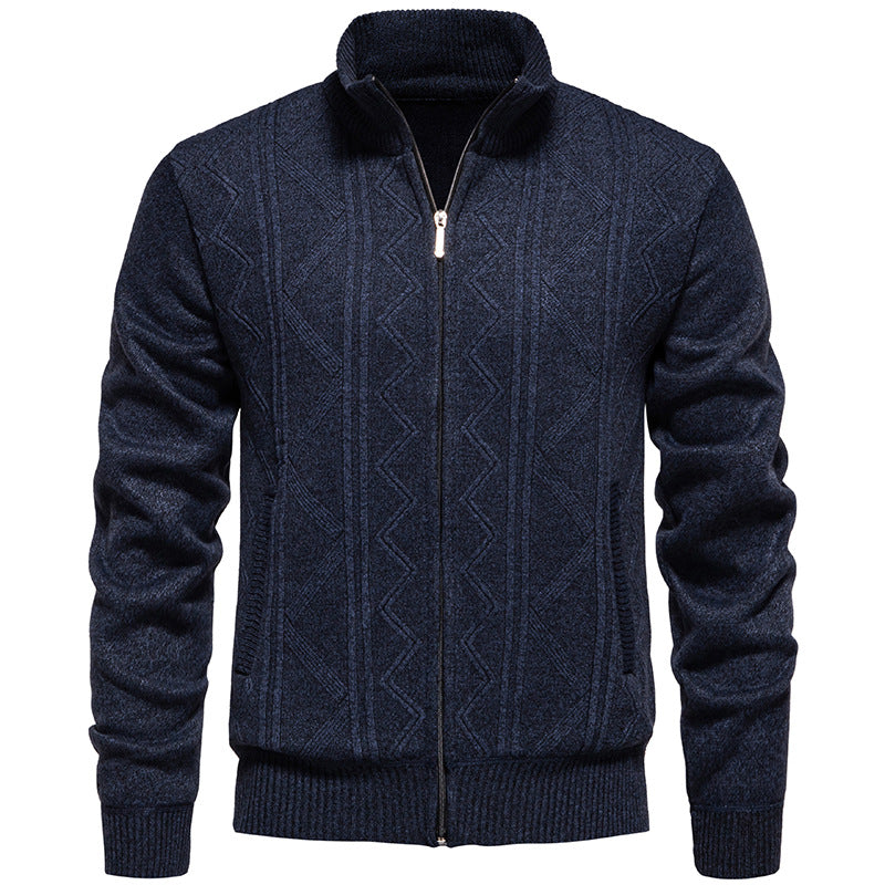 Herren Strickjacke mit Zopfmuster und hohem Stehkragen R&B