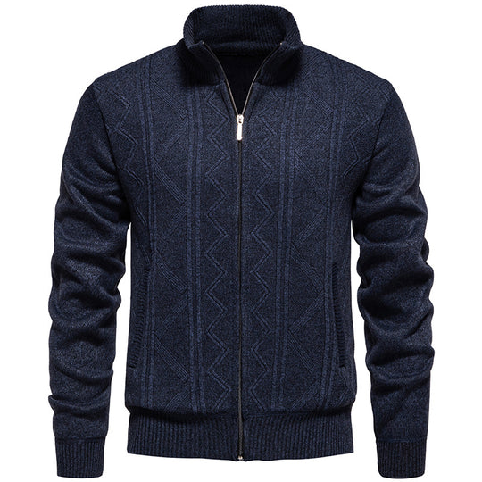 Herren Strickjacke mit Zopfmuster und hohem Stehkragen R&B
