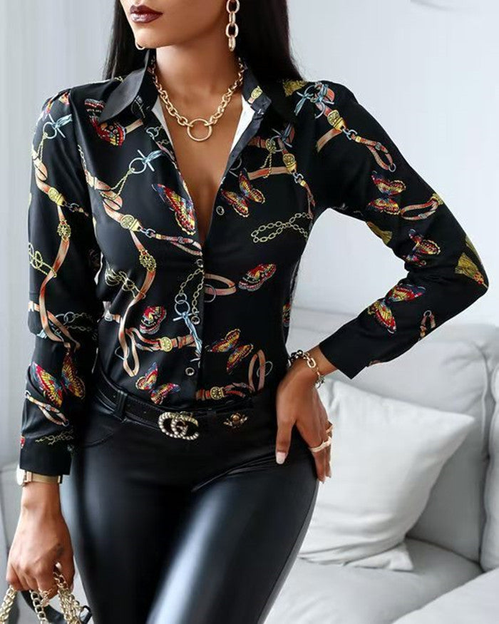 Damen Künstlerischer Druck Knopf-Up Bluse R&B