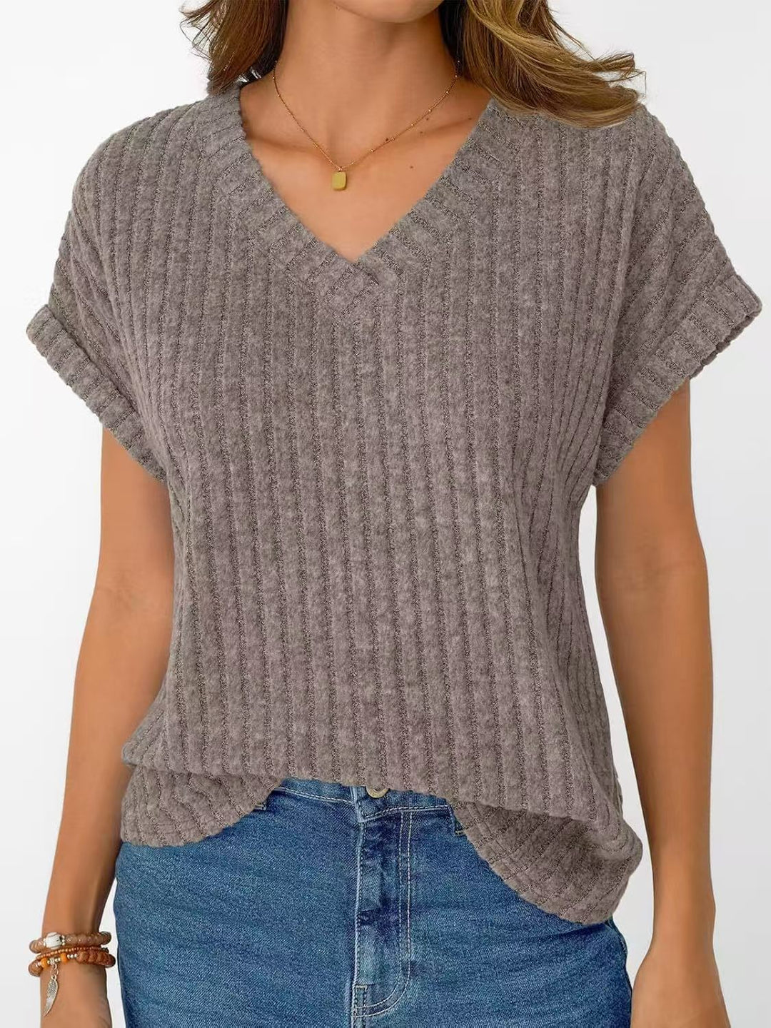 Damen lässiges V-Ausschnitt T-Shirt mit Streifenstruktur R&B