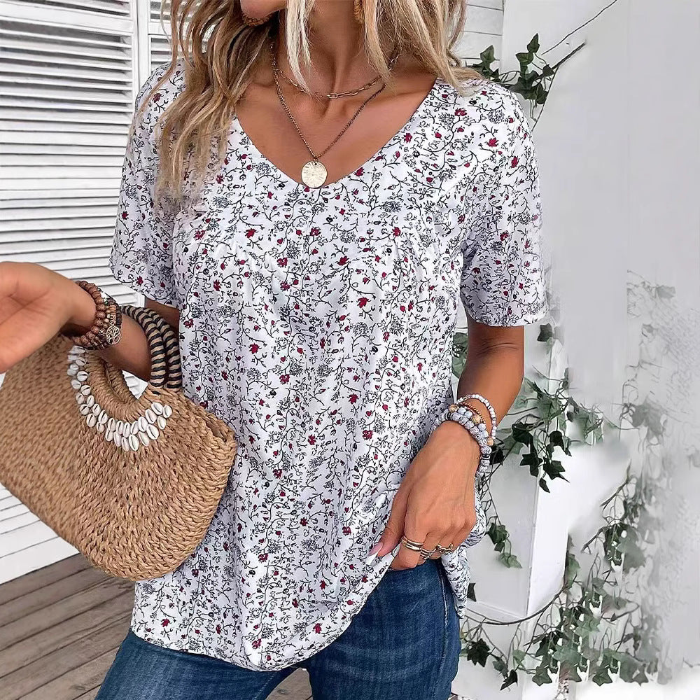 Damen nan locker geschnittene Kurzarmbluse mit V-Ausschnitt, feinem Blumenprint und Kellerfalte R&B