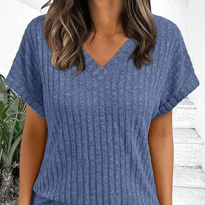 Damen lässiges V-Ausschnitt T-Shirt mit Streifenstruktur R&B