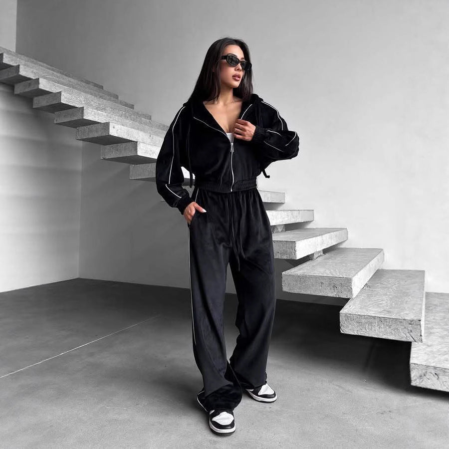 Damen Loungewear-Anzug aus hochwertigem Velours mit Kapuze und elastischem Bund R&B