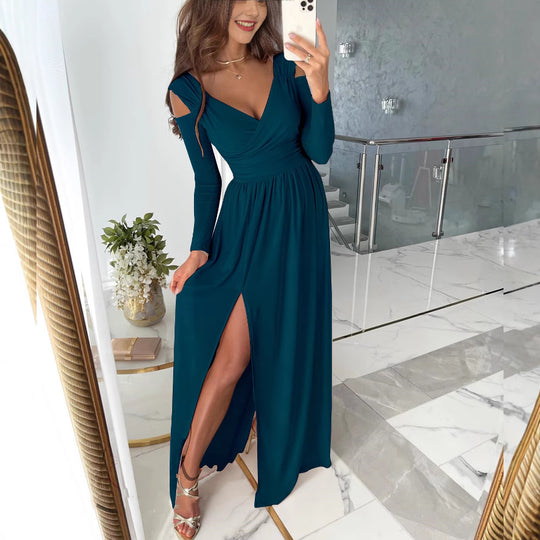 Damen elegantes Wickelkleid mit Cut-Out-Ärmeln und Schlitz R&B