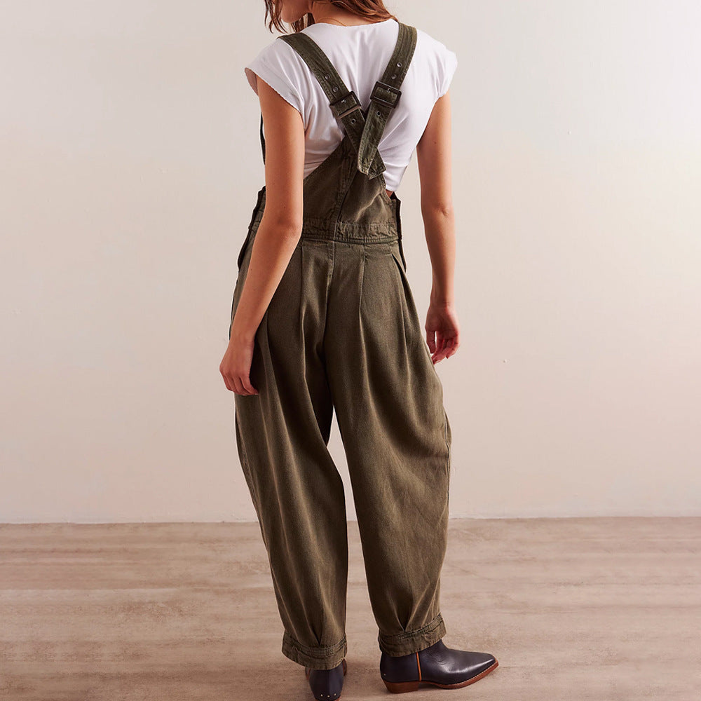 Damen lässiger Denim Overall mit tiefem V-Ausschnitt und praktischen Taschen R&B