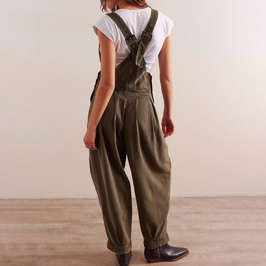 Damen lässiger Denim Overall mit tiefem V-Ausschnitt und praktischen Taschen R&B