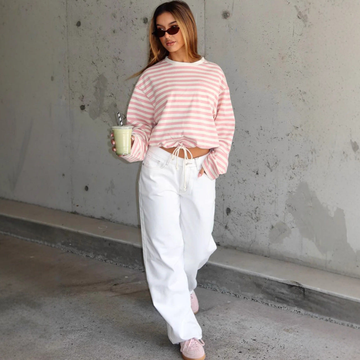 Damen cropped gestreifter Sweatshirt mit Kordelzug R&B