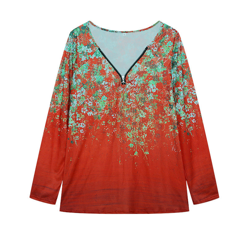 Damen Langarmshirt mit farbenfrohem Blütenmuster und modernem Zipper R&B