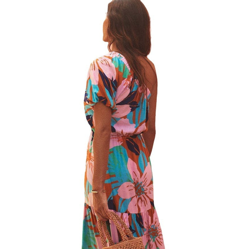 Damen Maxikleid mit asymmetrischem Schnitt und lR&Bhaftem Blattmuster R&B