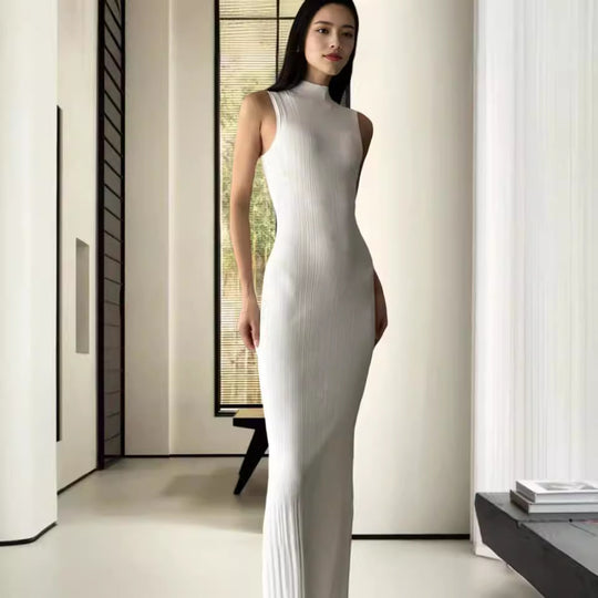 Damen Elegantes Langarm Maxikleid im Rippstrick-Stil R&B
