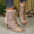 Damen Halboffene High Heel Stiefel mit transparentem Seiteneinsatz und Schnürung R&B