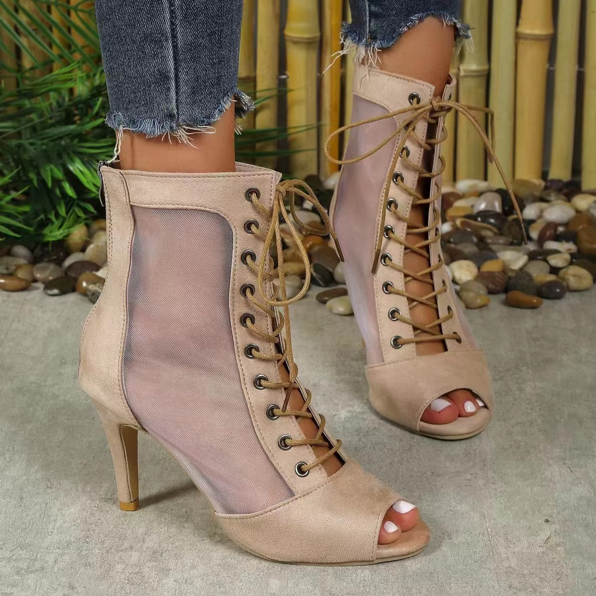 Damen Halboffene High Heel Stiefel mit transparentem Seiteneinsatz und Schnürung R&B