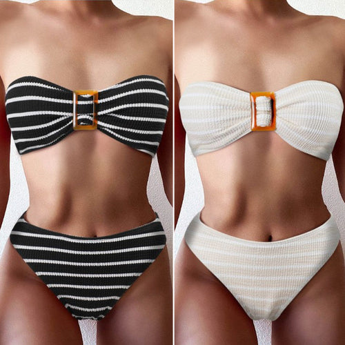 Damen Bandeau-Bikini mit modischem Streifenmuster und dekorativer Schnalle R&B