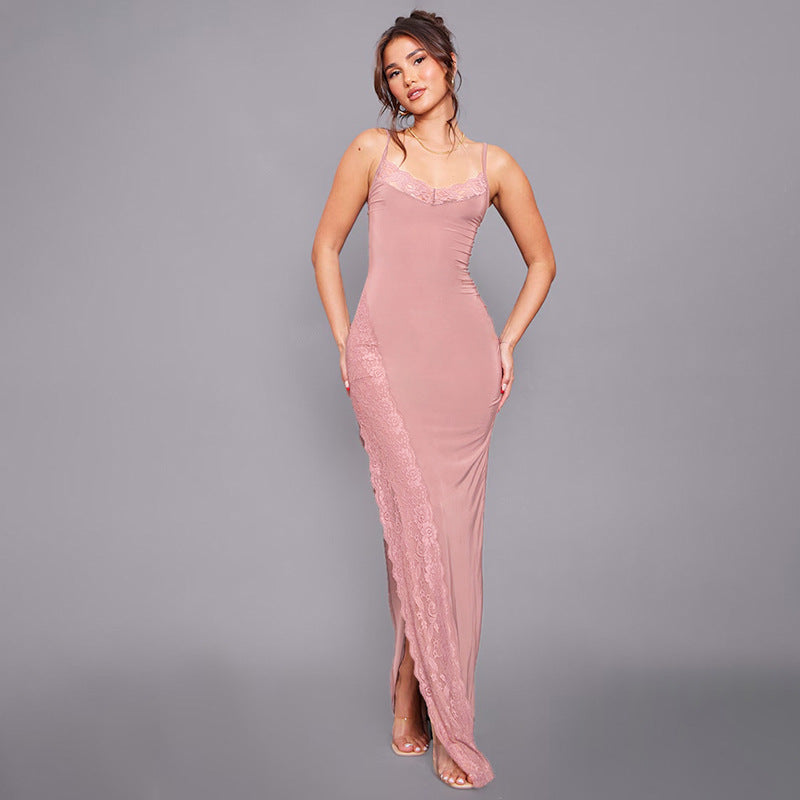 Damen elegantes Spitzen-Maxikleid mit zarten Trägerspitzendetails R&B