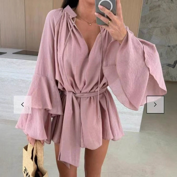 Damen lässiges Kaftan-Kleid mit voluminösen Ärmeln und Taillengürtel R&B