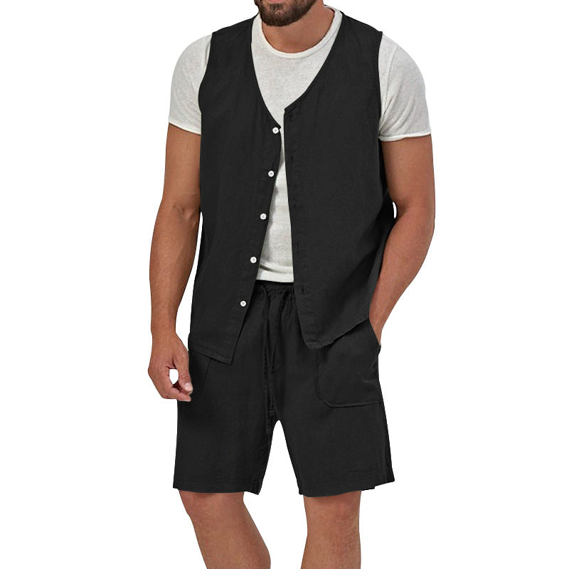 Herren nan zweiteiliges Freizeit-Set mit ärmelloser Knopfweste und weiten Kordelzug-Shorts mit aufgesetzten Taschen R&B