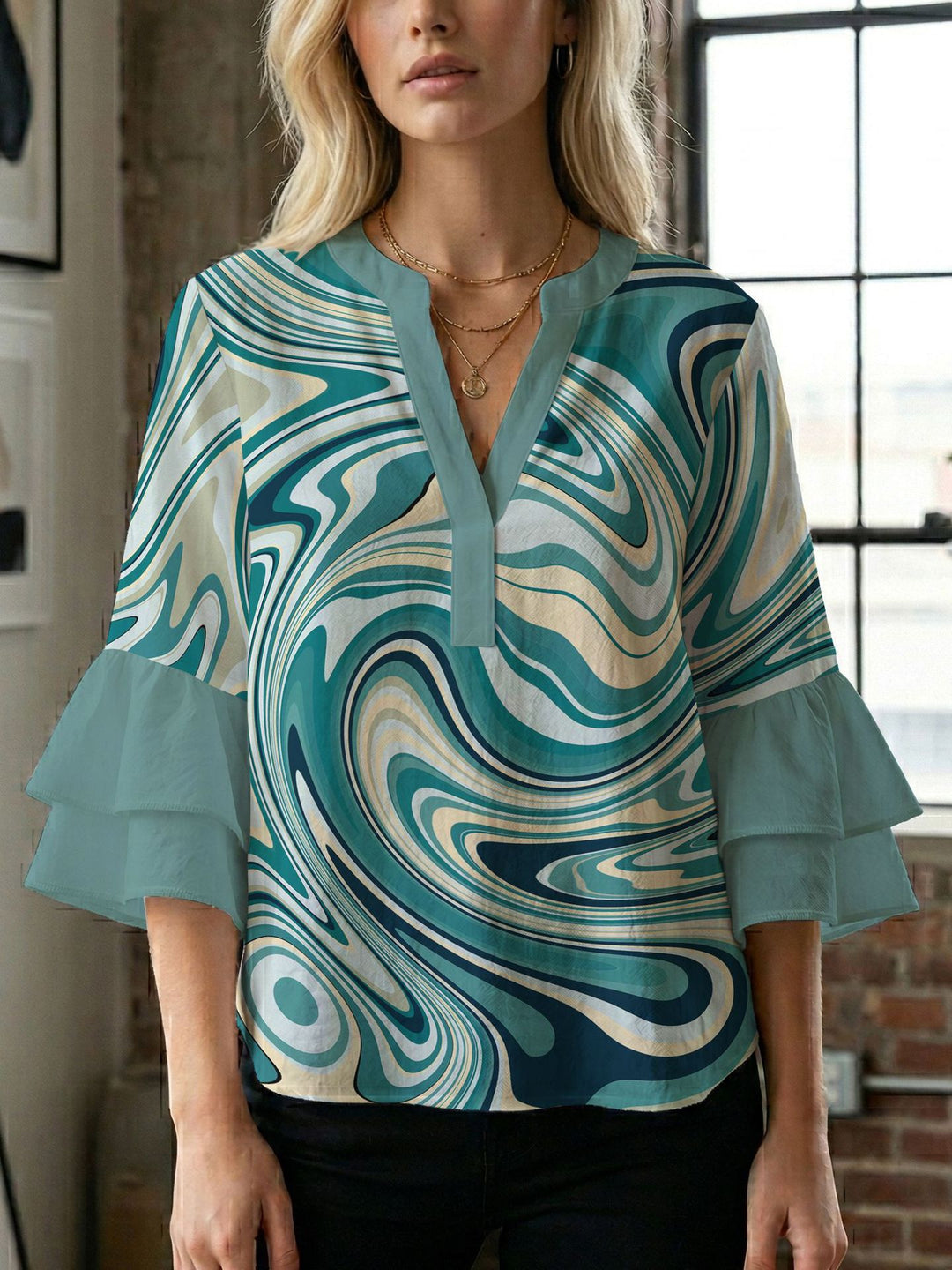 Damen Blusenshirt mit voluminösen Ärmeln und kreativem Druckdesign R&B