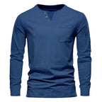 Herren Langarm-Henley-Shirt mit praktischer Brusttasche und modischem Knopfdesign R&B