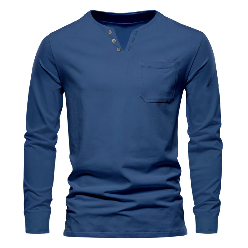 Herren Langarm-Henley-Shirt mit praktischer Brusttasche und modischem Knopfdesign R&B