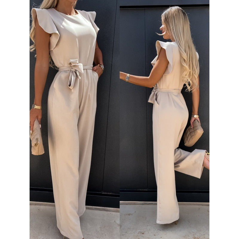 Frauen Fließender Weitbeiniger Jumpsuit mit Rüsche Ärmel R&B