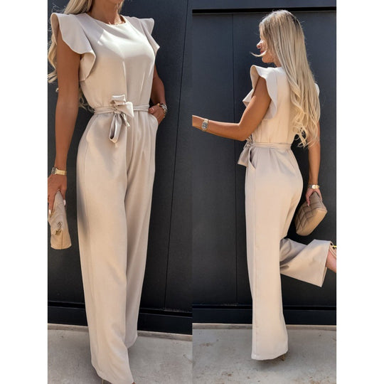 Frauen Fließender Weitbeiniger Jumpsuit mit Rüsche Ärmel R&B