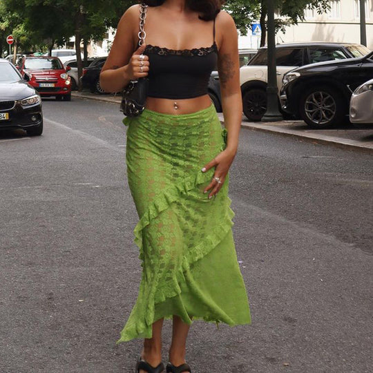 Damen Lange Spitzenrock mit asymmetrischem Rüschenverlauf und eleganter Blumenspitze R&B