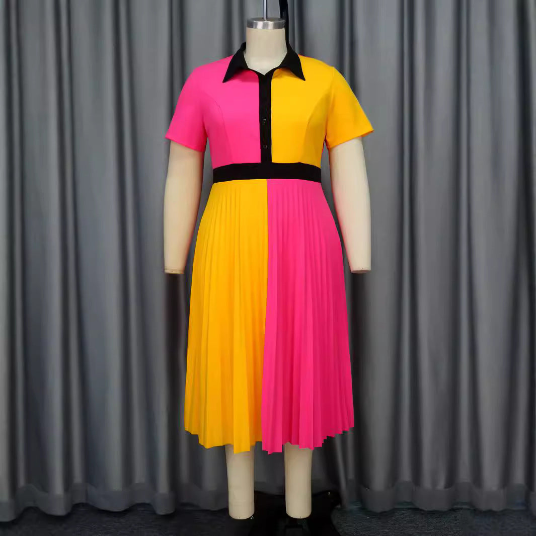 Damen plissiertes Kleid mit Umschlagkragen und kontrastierenden Farbblöcken R&B