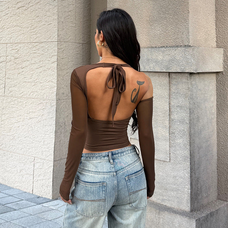 Damen stilvolles Bustier-Top mit langen transparenten Ärmeln und Knotendetail R&B