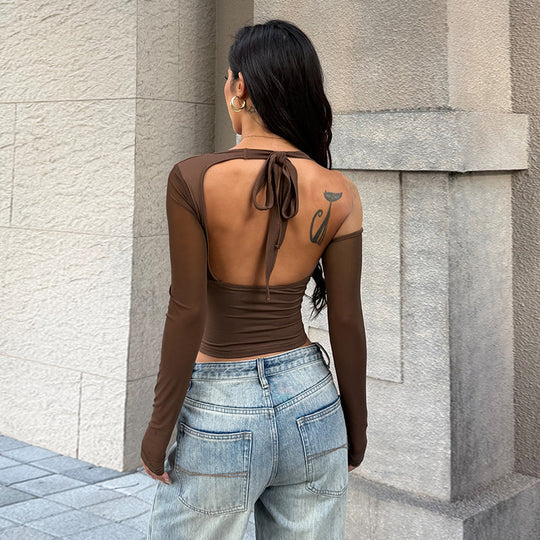 Damen stilvolles Bustier-Top mit langen transparenten Ärmeln und Knotendetail R&B