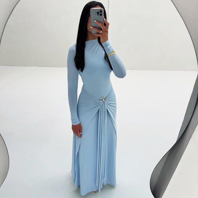 Damen Elegantes Maxikleid mit Drapierungsdetails und langem Arm