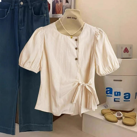 Damen Elegantes Wickeloberteil mit Knopf- und Schleifendetails R&B