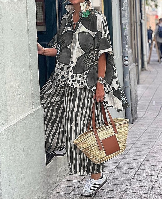 Damen Übergroßes Tunika-Set mit floralem Muster und gestreiften Hosen R&B