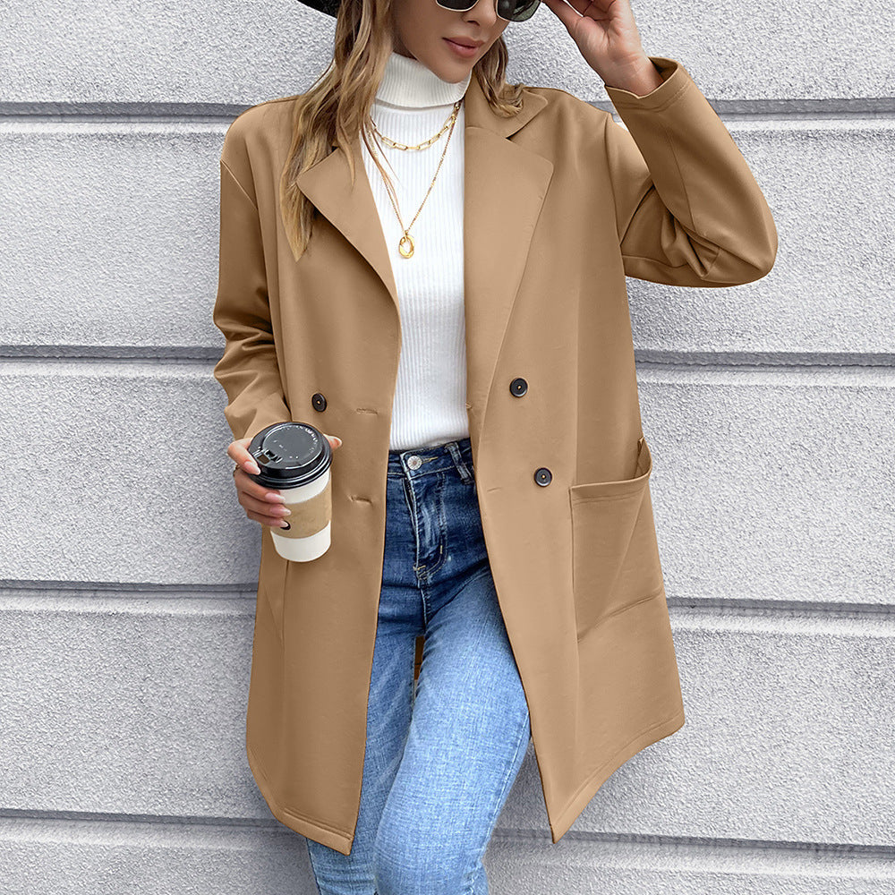 Damen elegante Oversized-Blazerjacke mit doppelter Knopfleiste und praktischen Taschen R&B