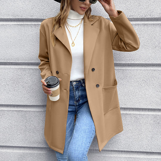 Damen elegante Oversized-Blazerjacke mit doppelter Knopfleiste und praktischen Taschen R&B