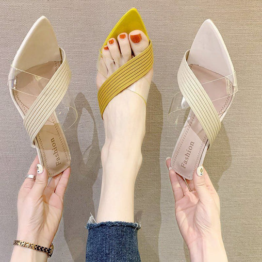 Damen elegante Flip-Flop-Sandalen mit transparenten Riemen und spitzem Zehenbereich R&B