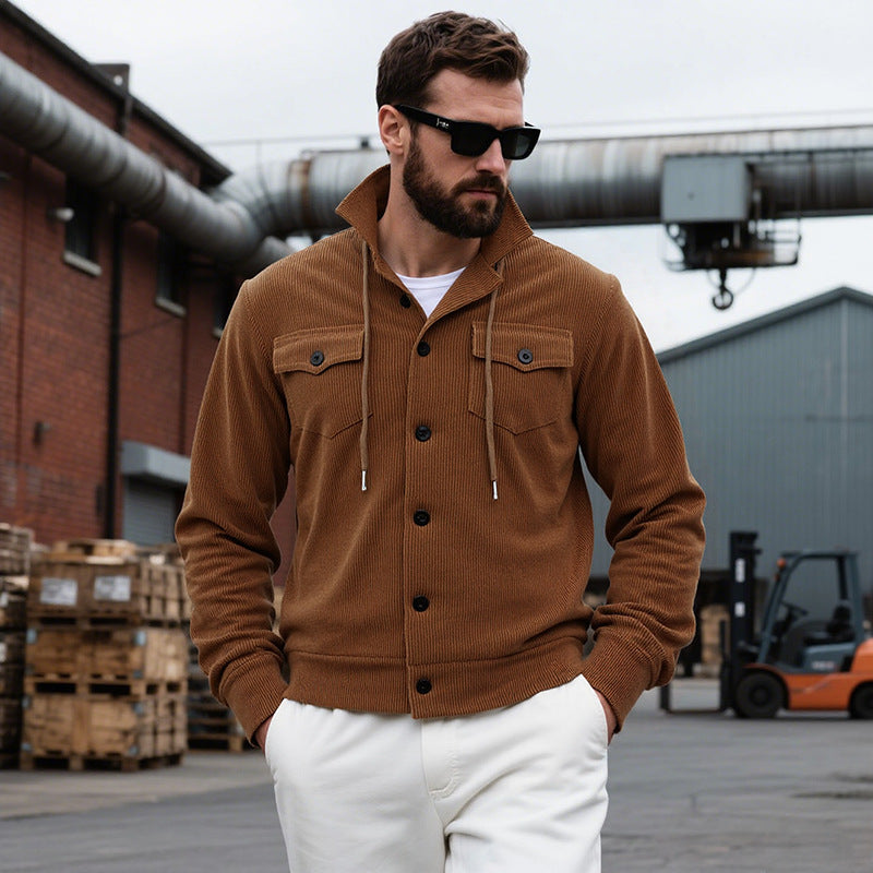 Herren lässige Strickjacke mit praktischen Brusttaschen und modernem Stehkragen R&B