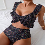 Damen Hochgeschnittener Bikini mit floralem Rüschendesign R&B