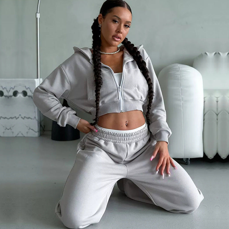 Damen sportliches Cropped-Set mit Reißverschluss und weitem Bein R&B
