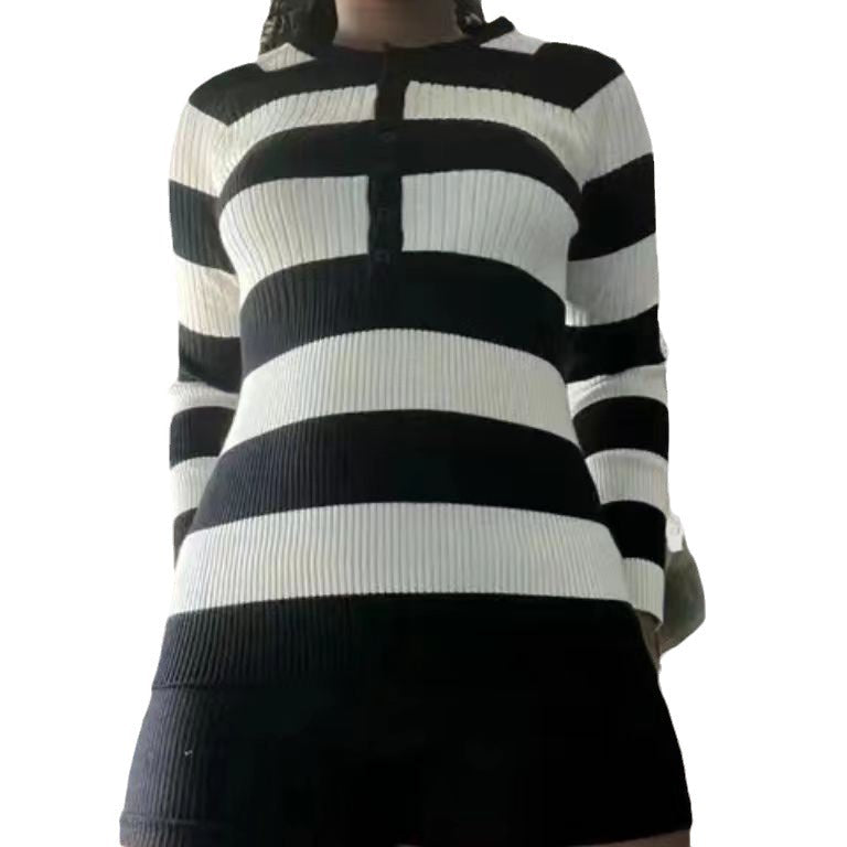 Damen Langarmshirt mit Knopfleiste und Streifenmuster R&B