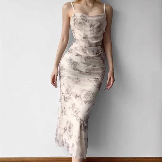 Damen figurbetontes Maxikleid mit raffinierten Rüschen und floralem Muster R&B