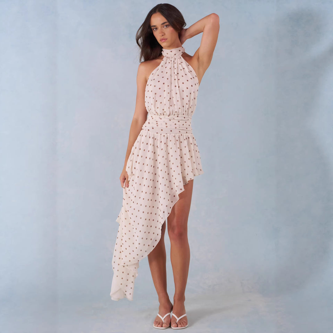 Damen Hochgeschlossenes Minikleid mit asymmetrischem Rock und fließendem Stoff R&B