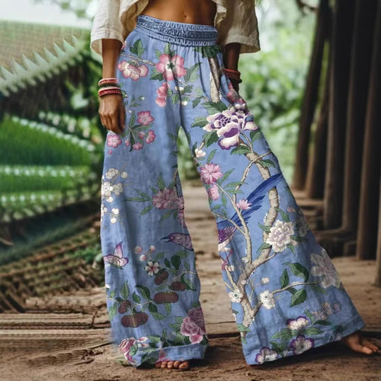 Damen Weite Sommerhose mit buntem Blumen- und Schmetterlingsprint R&B