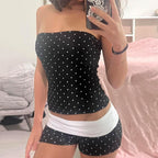 Damen Bandeau-Badeanzug mit Polka Dots und Shorts R&B