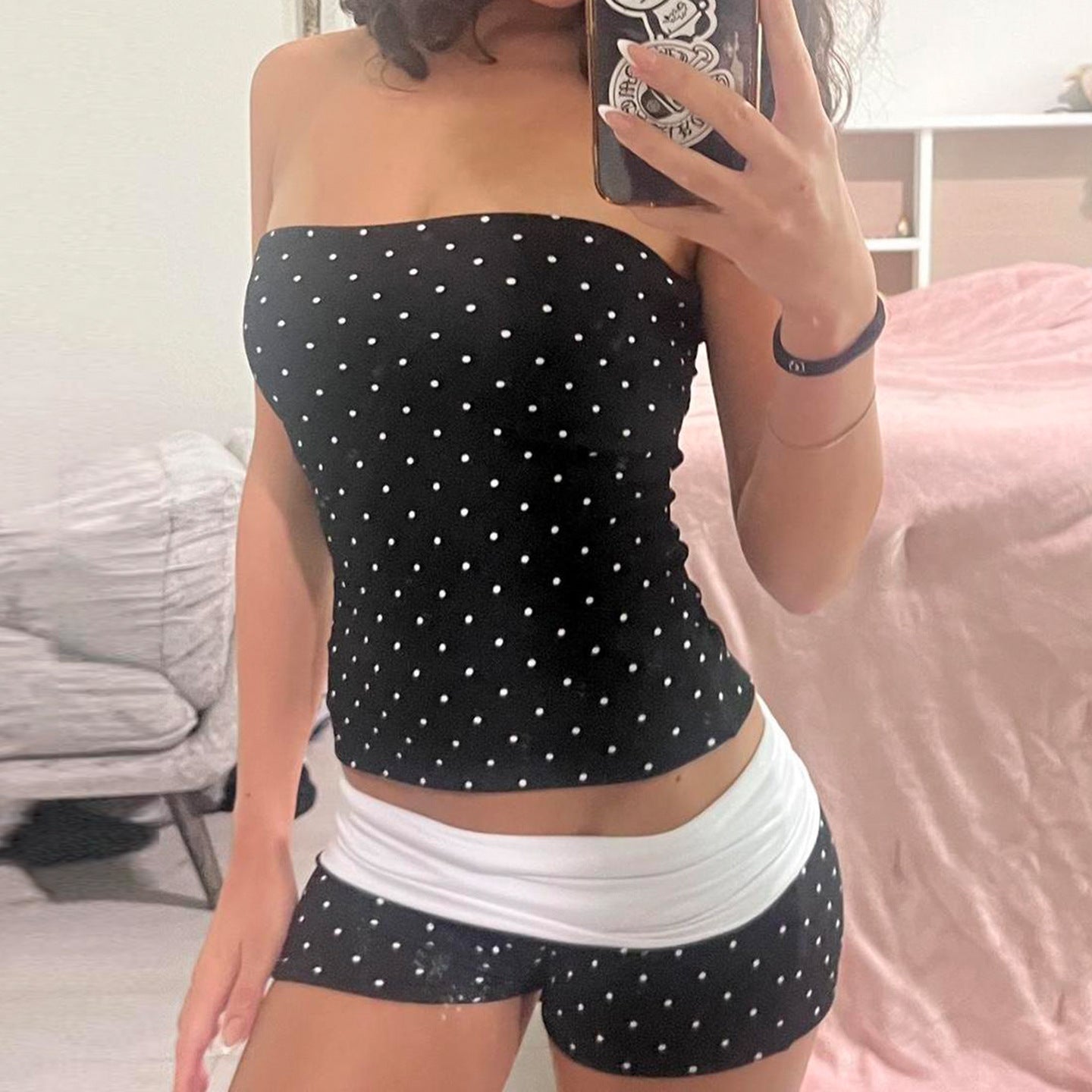 Damen Bandeau-Badeanzug mit Polka Dots und Shorts R&B