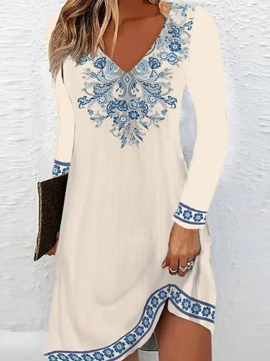 Damen V-Ausschnitt Kleid mit floralen Akzenten und langen Ärmeln R&B