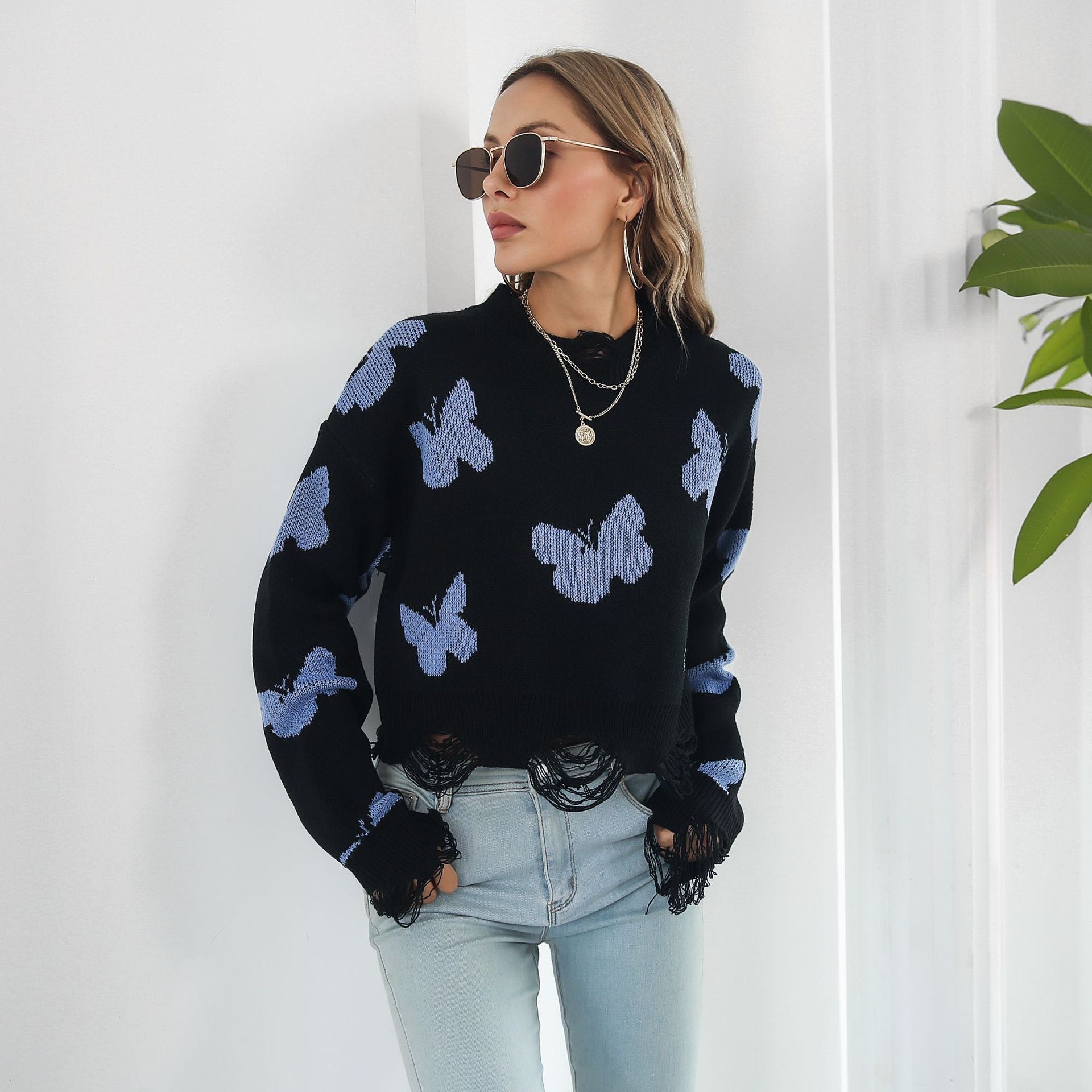 Damen Strickpullover mit einzigartigem Schmetterlingsdesign und trendigem Fransenabschluss R&B